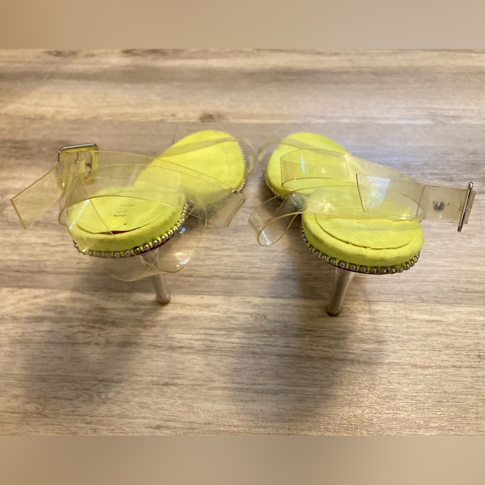 Fashion Nova Neon Yellow Green Heels Silver Studs Clear Adjustable Straps 8.5 - Picture 12 of 16